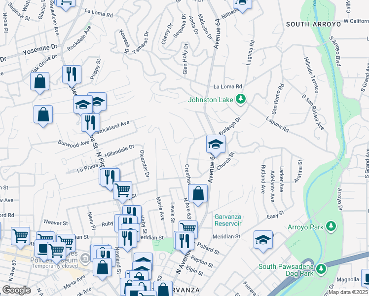 map of restaurants, bars, coffee shops, grocery stores, and more near 1124 Highgrove Terrace in Los Angeles