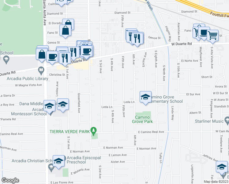 map of restaurants, bars, coffee shops, grocery stores, and more near 1210 South 4th Avenue in Arcadia
