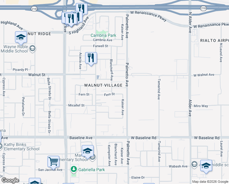 map of restaurants, bars, coffee shops, grocery stores, and more near 17222 Fern Street in Fontana