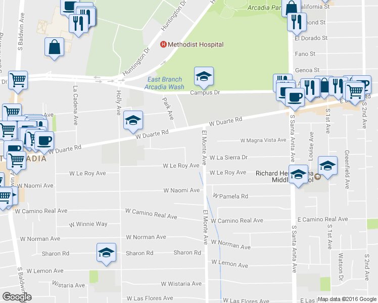 map of restaurants, bars, coffee shops, grocery stores, and more near 1206 Ewell Lane in Arcadia