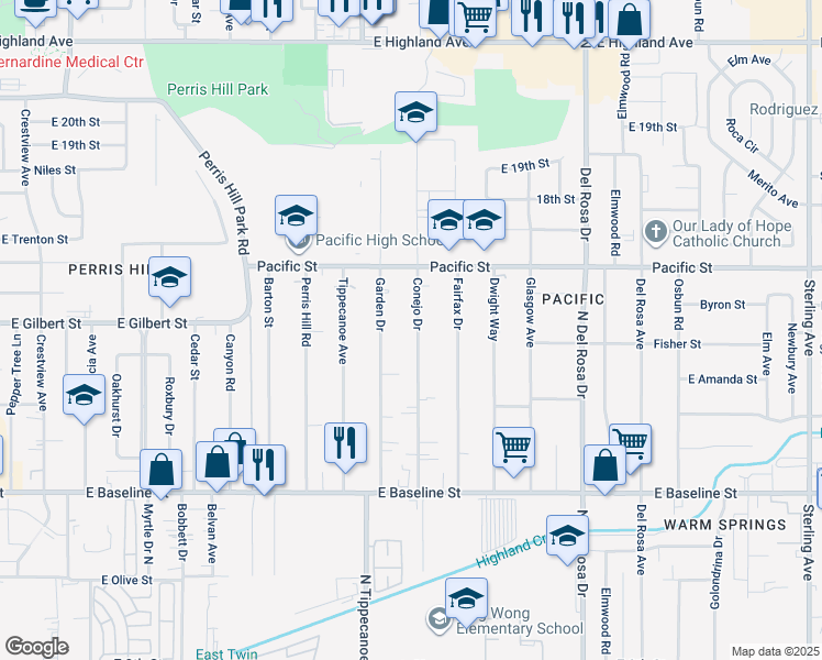 map of restaurants, bars, coffee shops, grocery stores, and more near 7014 Conejo Drive in San Bernardino