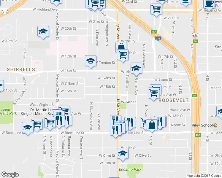 map of restaurants, bars, coffee shops, grocery stores, and more near 1341 West 15th Street in San Bernardino