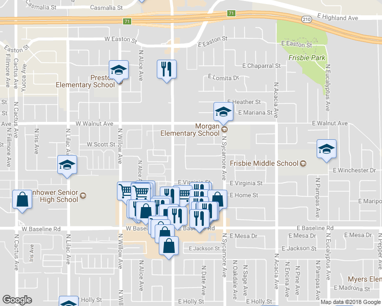 map of restaurants, bars, coffee shops, grocery stores, and more near 170 East Cascade Drive in Rialto