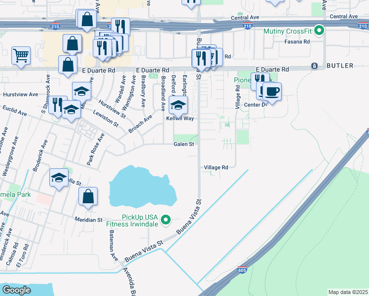 map of restaurants, bars, coffee shops, grocery stores, and more near 1202 Galen Street in Duarte