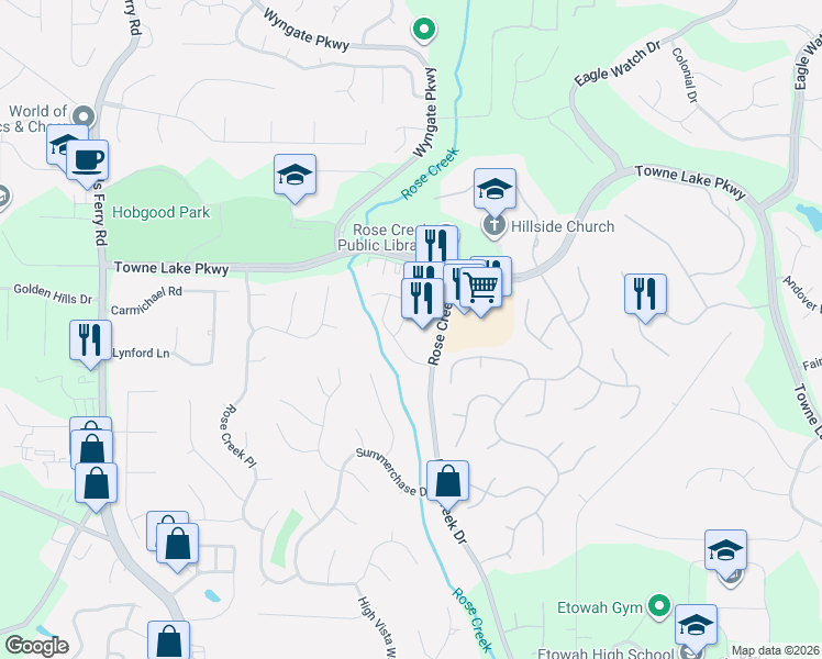 map of restaurants, bars, coffee shops, grocery stores, and more near 118 Grove Park Lane in Woodstock