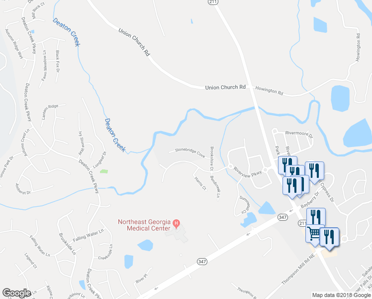 map of restaurants, bars, coffee shops, grocery stores, and more near Stonebridge Cove in Braselton