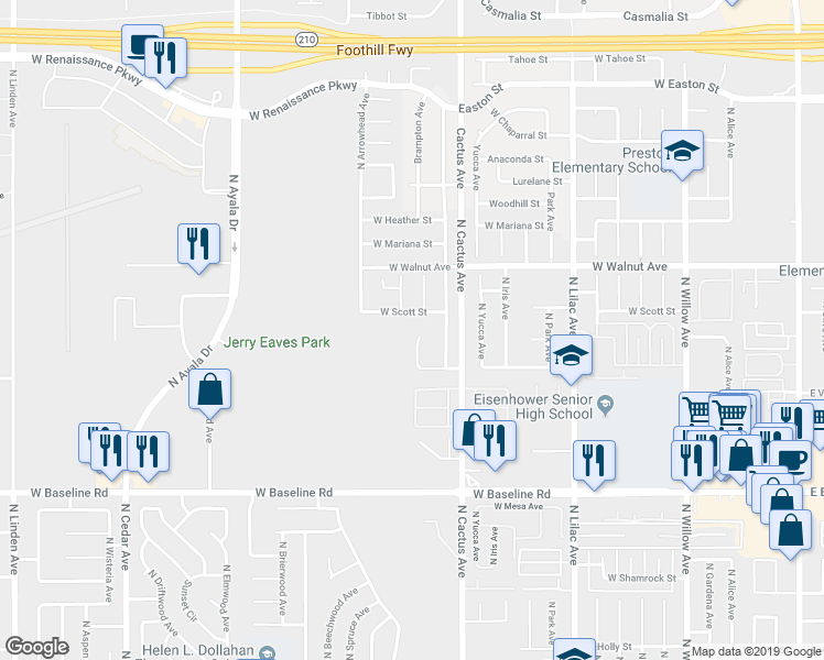 map of restaurants, bars, coffee shops, grocery stores, and more near 1486 North Brampton Avenue in Rialto