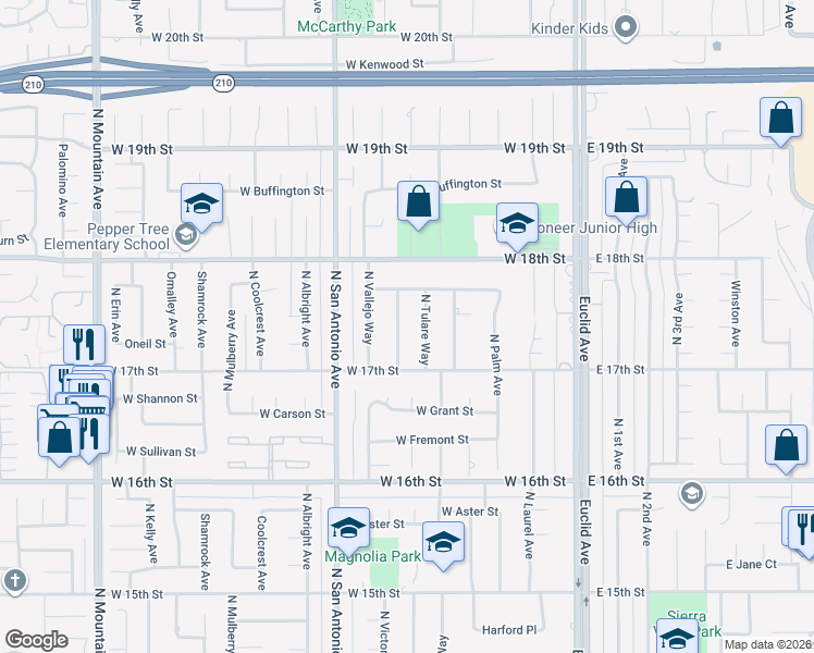 map of restaurants, bars, coffee shops, grocery stores, and more near 1738 North Ukiah Way in Upland