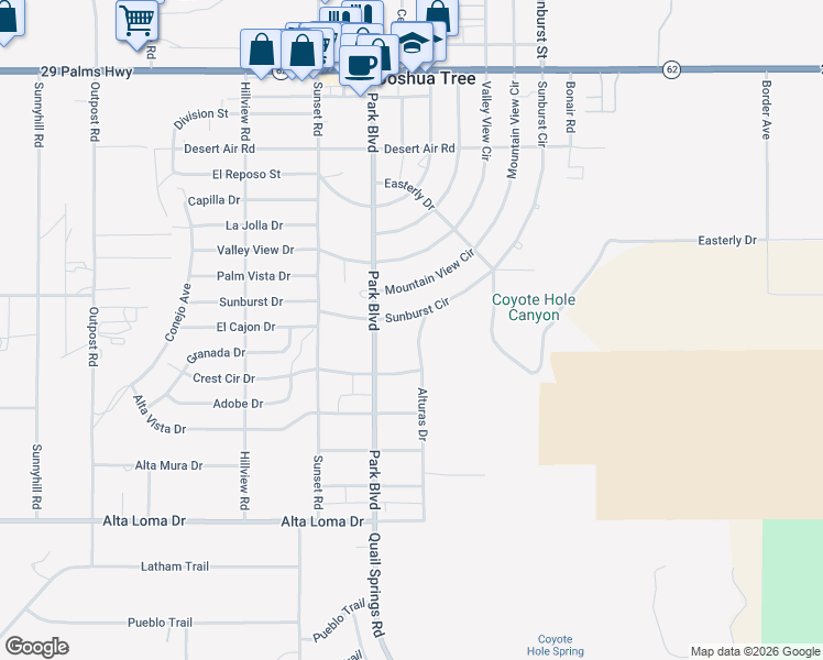 map of restaurants, bars, coffee shops, grocery stores, and more near 6958 Alturas Drive in Joshua Tree