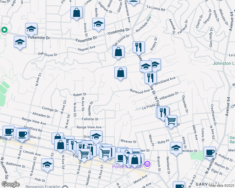 map of restaurants, bars, coffee shops, grocery stores, and more near 5810 Burwood Avenue in Los Angeles