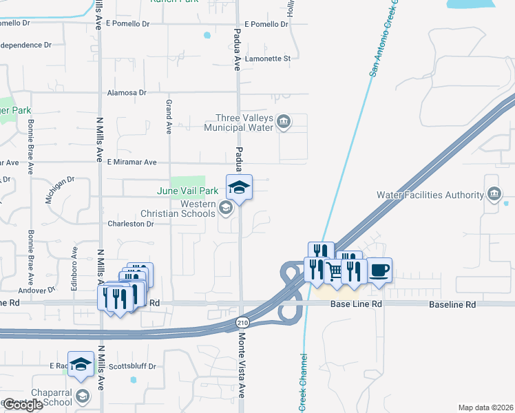 map of restaurants, bars, coffee shops, grocery stores, and more near 3131 Montana Lane in Claremont