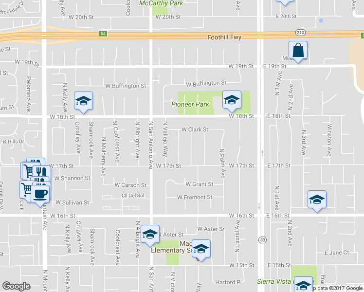 map of restaurants, bars, coffee shops, grocery stores, and more near 1738 North Ukiah Way in Upland