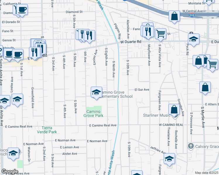 map of restaurants, bars, coffee shops, grocery stores, and more near 1210 South Eighth Avenue in Arcadia