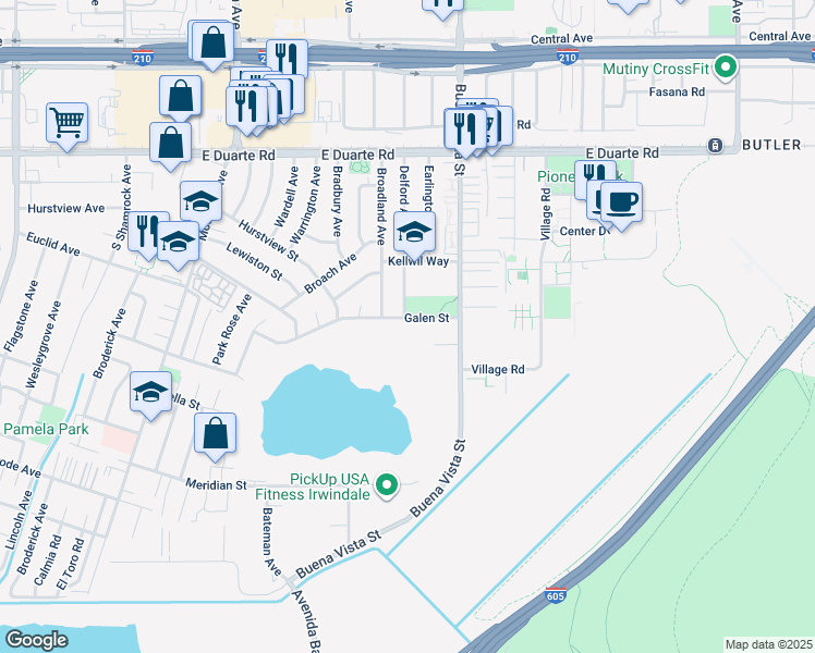 map of restaurants, bars, coffee shops, grocery stores, and more near 1202 Galen Street in Duarte