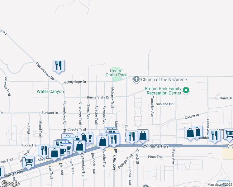 map of restaurants, bars, coffee shops, grocery stores, and more near 6971 Mohawk Trail in Yucca Valley