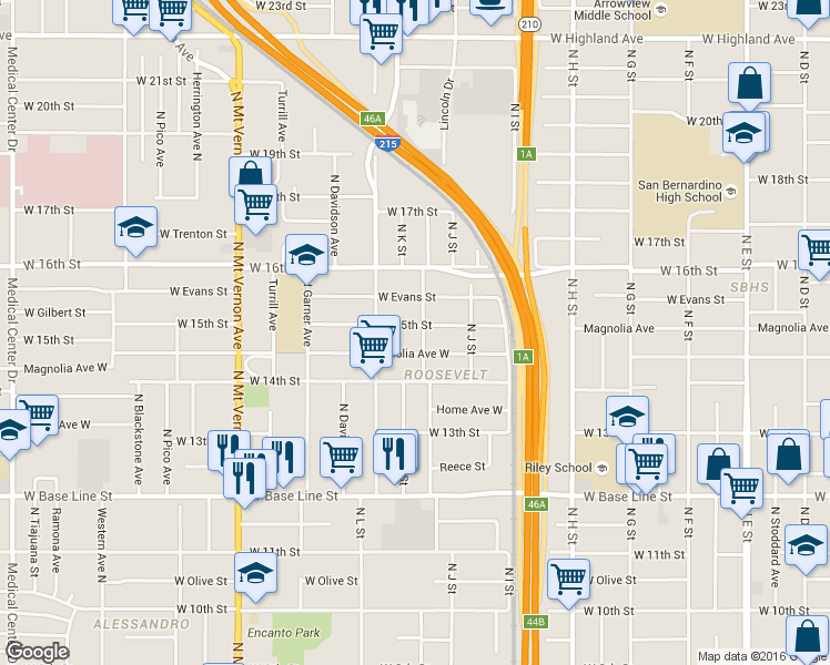 map of restaurants, bars, coffee shops, grocery stores, and more near 1071 West 15th Street in San Bernardino