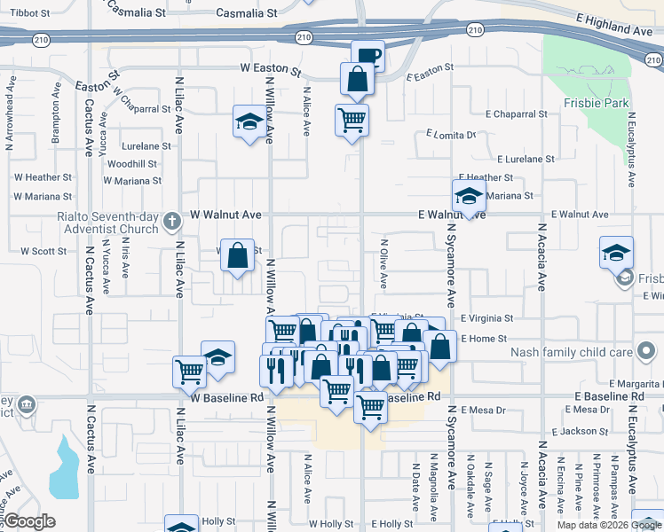 map of restaurants, bars, coffee shops, grocery stores, and more near 150 West Cascade Drive in Rialto