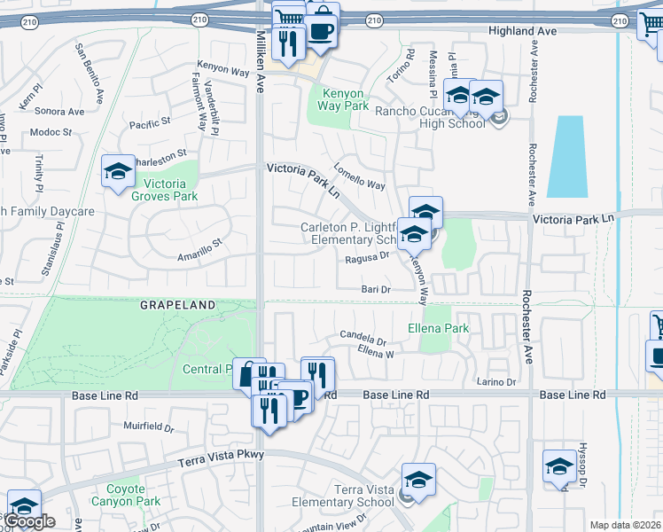 map of restaurants, bars, coffee shops, grocery stores, and more near 7010 Fabriano Place in Rancho Cucamonga