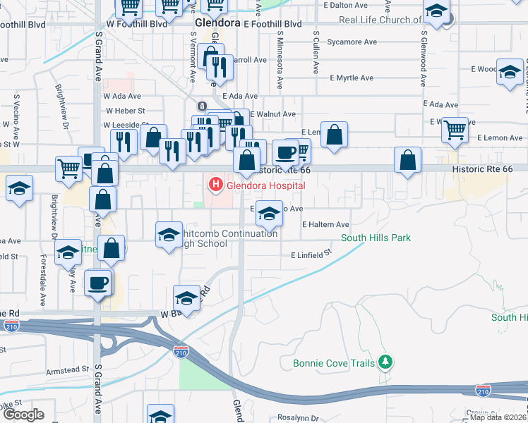 map of restaurants, bars, coffee shops, grocery stores, and more near 202 East Colorado Avenue in Glendora