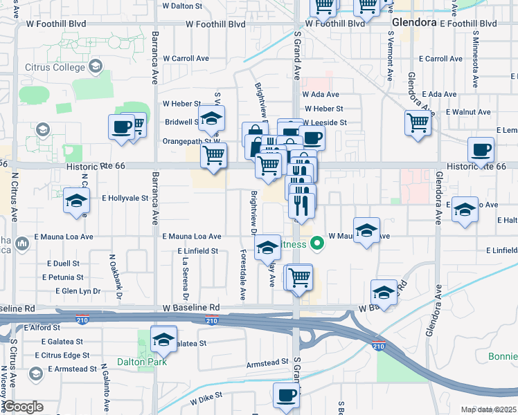 map of restaurants, bars, coffee shops, grocery stores, and more near 708 Brightview Drive in Glendora