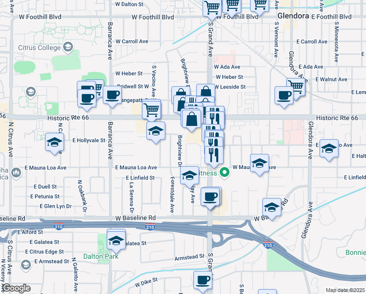 map of restaurants, bars, coffee shops, grocery stores, and more near 708 Brightview Drive in Glendora