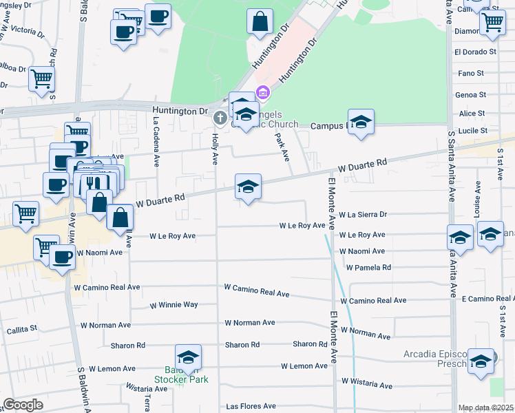 map of restaurants, bars, coffee shops, grocery stores, and more near 334 West Magna Vista Avenue in Arcadia