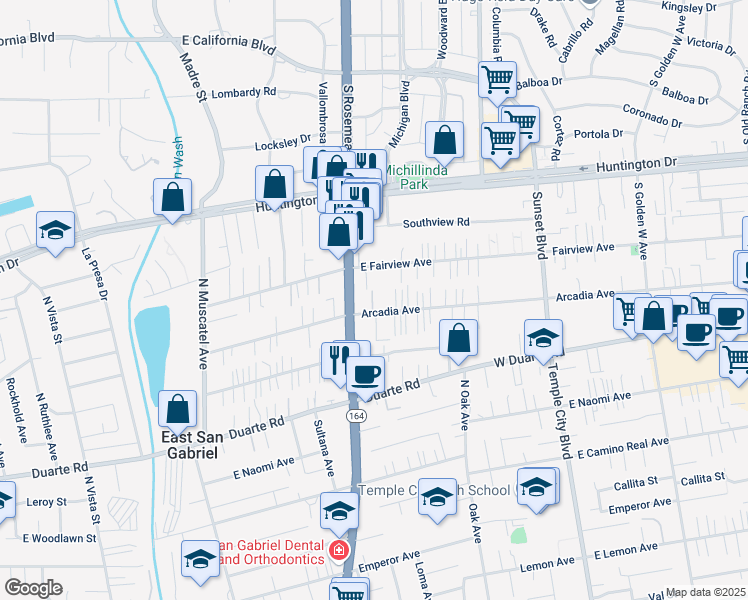 map of restaurants, bars, coffee shops, grocery stores, and more near 9017 Arcadia Avenue in San Gabriel