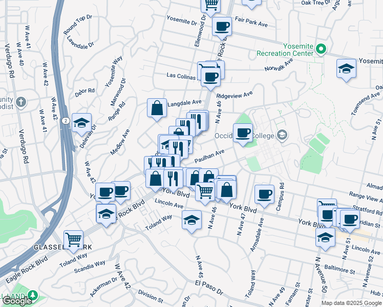 map of restaurants, bars, coffee shops, grocery stores, and more near 4526 North Eagle Rock Boulevard in Los Angeles
