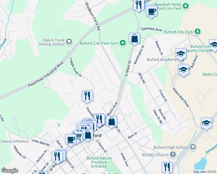 map of restaurants, bars, coffee shops, grocery stores, and more near 25 Stonehedge Drive in Buford
