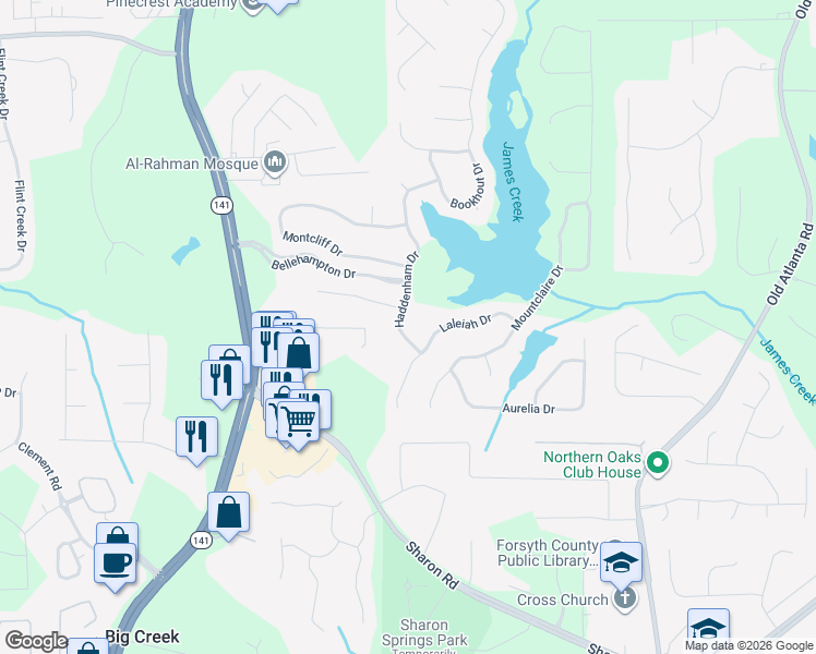 map of restaurants, bars, coffee shops, grocery stores, and more near 1525 Haddenham Drive in Cumming