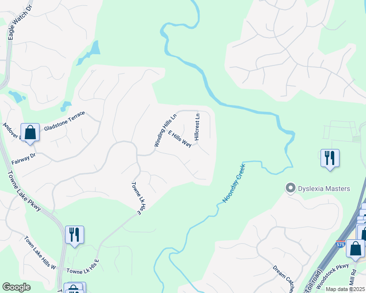 map of restaurants, bars, coffee shops, grocery stores, and more near 7014 East Hills Way in Woodstock