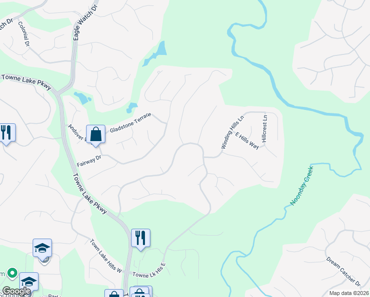map of restaurants, bars, coffee shops, grocery stores, and more near 1085 Towne Lake Hills East in Woodstock