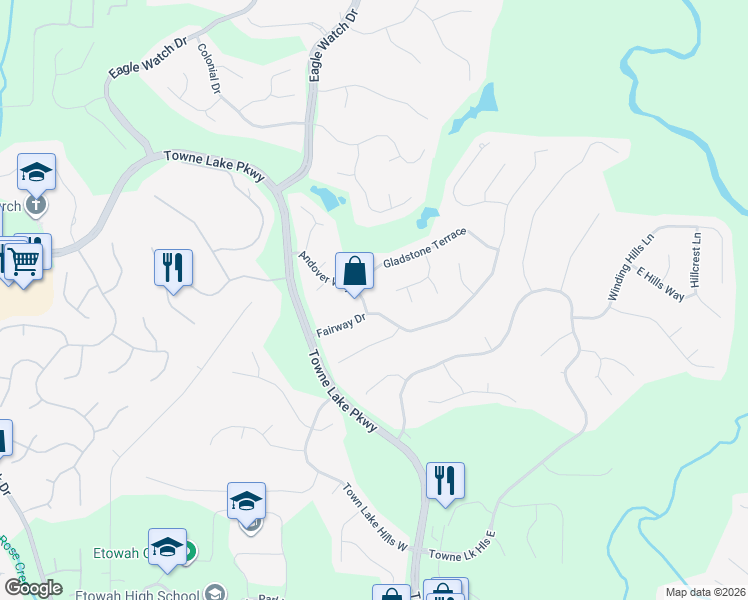 map of restaurants, bars, coffee shops, grocery stores, and more near 2817 Andover Way in Woodstock