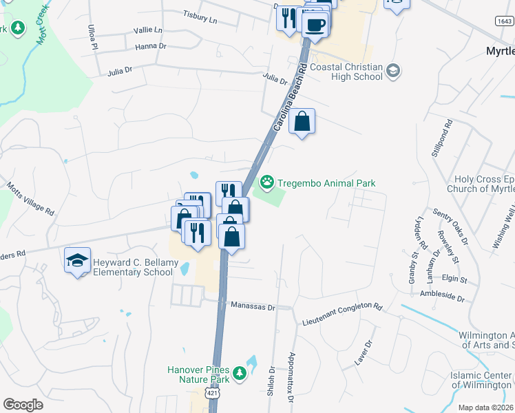 map of restaurants, bars, coffee shops, grocery stores, and more near 5819 Carolina Beach Road in Wilmington
