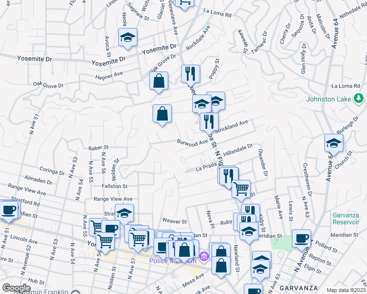 map of restaurants, bars, coffee shops, grocery stores, and more near 5937 Great Oak Circle in Los Angeles