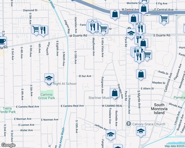 map of restaurants, bars, coffee shops, grocery stores, and more near 1217 Mayflower Avenue in Arcadia