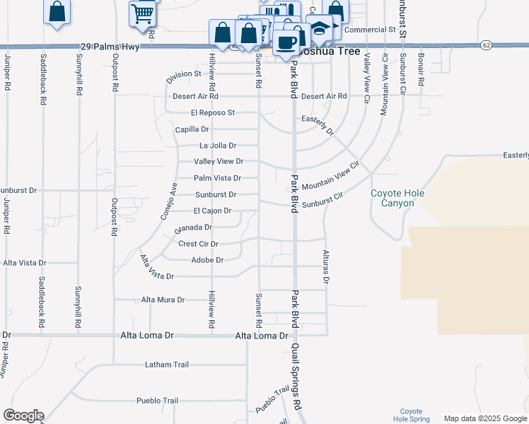 map of restaurants, bars, coffee shops, grocery stores, and more near 6955 Sunset Road in Joshua Tree