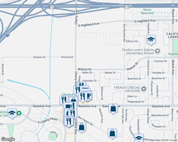 map of restaurants, bars, coffee shops, grocery stores, and more near 14610 Idaho Street in Fontana