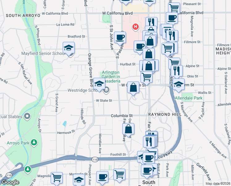 map of restaurants, bars, coffee shops, grocery stores, and more near 218 Madeline Drive in Pasadena