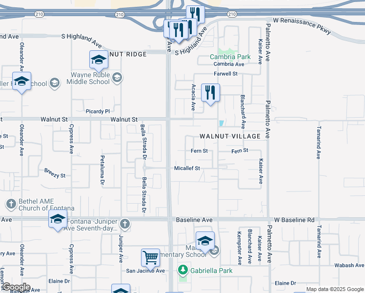 map of restaurants, bars, coffee shops, grocery stores, and more near 7004 Newport Avenue in Fontana