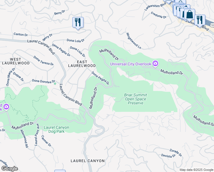 map of restaurants, bars, coffee shops, grocery stores, and more near 7979 Mulholland Drive in Los Angeles