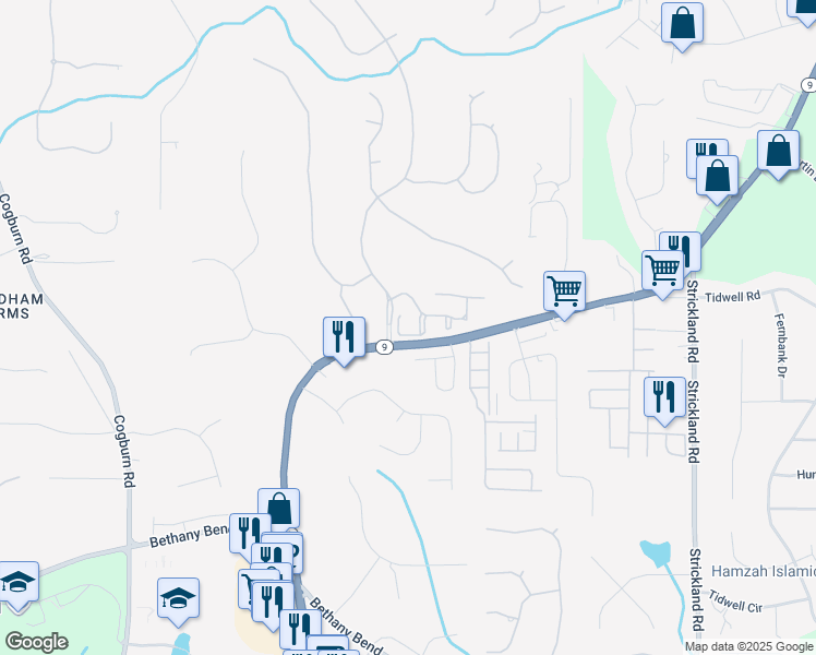map of restaurants, bars, coffee shops, grocery stores, and more near 215 Crystalaire Court in Alpharetta