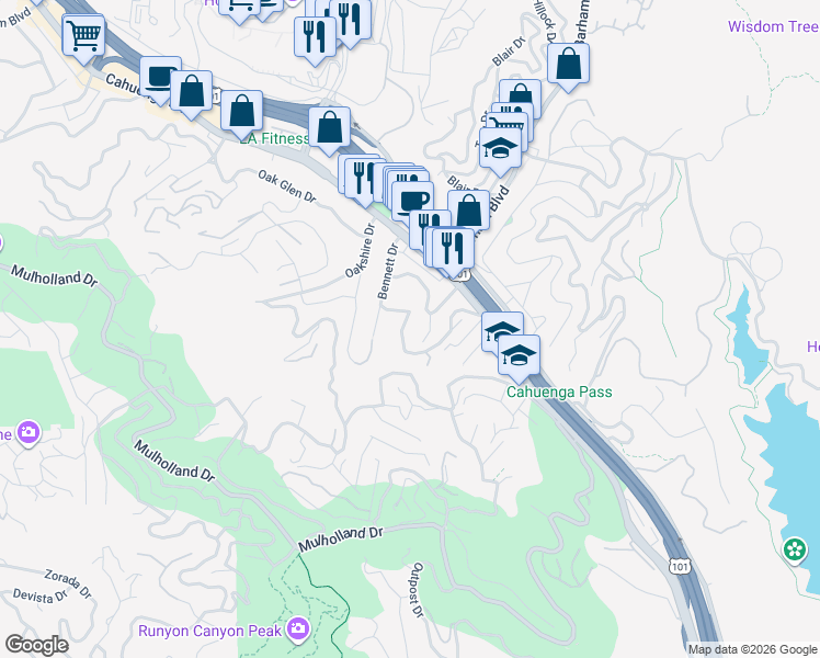 map of restaurants, bars, coffee shops, grocery stores, and more near 3300 Bennett Drive in Los Angeles