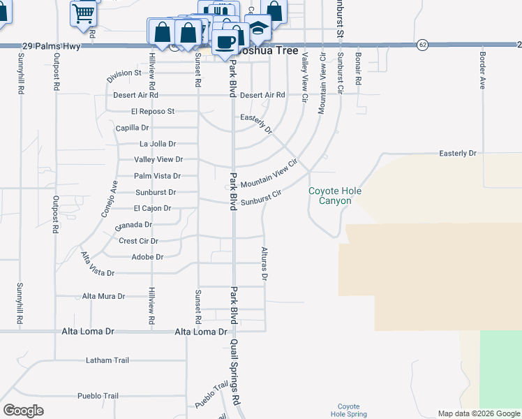 map of restaurants, bars, coffee shops, grocery stores, and more near 6958 Alturas Drive in Joshua Tree