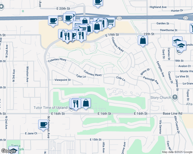 map of restaurants, bars, coffee shops, grocery stores, and more near 1315 Tyler Lane in Upland