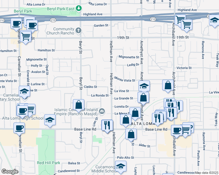map of restaurants, bars, coffee shops, grocery stores, and more near 7025 Selma Avenue in Rancho Cucamonga