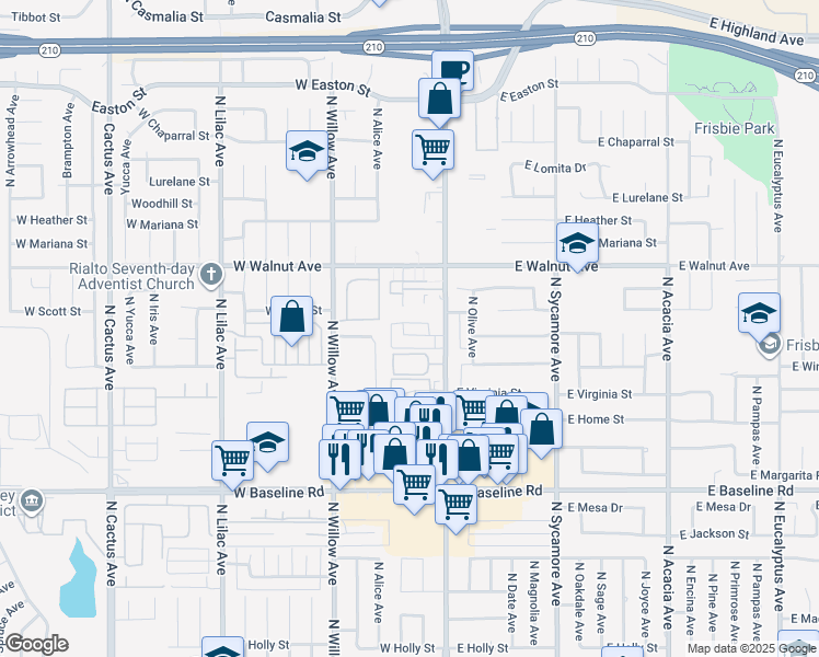 map of restaurants, bars, coffee shops, grocery stores, and more near 160 West Cascade Drive in Rialto