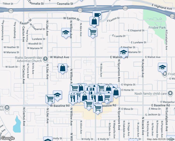 map of restaurants, bars, coffee shops, grocery stores, and more near 150 West Cascade Drive in Rialto