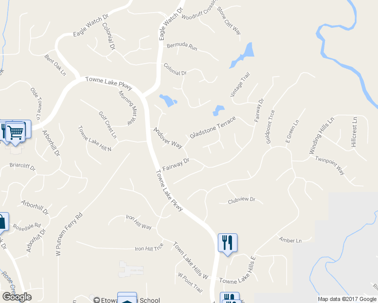 map of restaurants, bars, coffee shops, grocery stores, and more near 2817 Andover Way in Woodstock