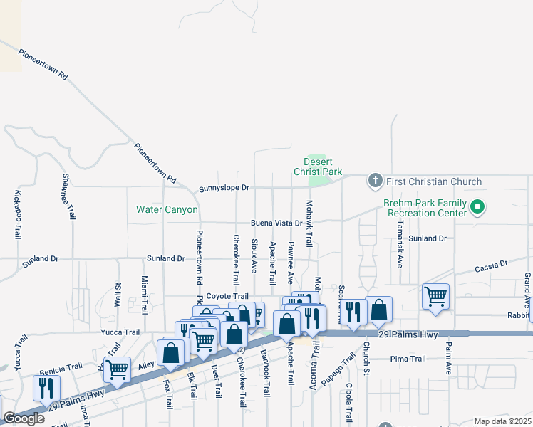 map of restaurants, bars, coffee shops, grocery stores, and more near 6974 Apache Trail in Yucca Valley